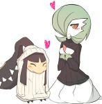  blush cleavage_cutout closed_eyes gardevoir green_hair hair_over_one_eye heart mawile no_humans open-chest_sweater pokemon red_eyes short_hair sweater wavy_mouth 