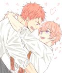  2boys arms_around_neck blush free! heart high_speed! hug komorikorimo male_focus multiple_boys necktie older pink_hair red_eyes redhead school_uniform shigino_kisumi shiina_asahi smile violet_eyes yaoi 