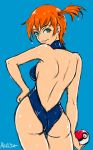  1girl akairiot ass back backless blue_background dengeki!_pikachu green_eyes gym_leader hand_on_hip kasumi_(pokemon) looking_back orange_hair poke_ball pokemon side_ponytail smile solo swimsuit thigh_gap wet 