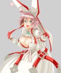  1girl ahoge aqua_eyes arc_system_works belt blush breasts bridal_veil cleavage clover dress elphelt_valentine four-leaf_clover gloves guilty_gear guilty_gear_xrd highres huge_breasts looking_at_viewer onji open_mouth pink_hair ribbon shiny shiny_skin short_hair smile solo spikes veil wedding_dress white_dress 