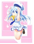  1girl banana blue_eyes blue_hair bunny_pose food fruit gochuumon_wa_usagi_desu_ka? hat inori_(xyz5568) jumping kafuu_chino looking_at_viewer school_uniform skirt solo uniform 