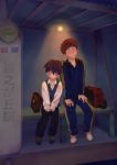  2boys bag blush bus_stop child closed_eyes kyou_kiyo leaning_on_person male_focus multiple_boys original outdoors pants shirt shoes sitting vest 