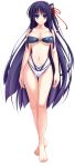  1girl amasaka_takashi barefoot bell bikini blue_eyes blue_hair breasts clip_craft hair_ornament highleg highleg_bikini jingle_bell large_breasts looking_at_viewer purple_hair simple_background smile solo standing swimsuit toujou_amane transparent_background under_boob unionism_quartet very_long_hair 