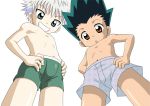  2boys adachi_himiko boxers child gon_freecss grey_hair hunter_x_hunter killua_zoldyck male_focus multiple_boys navel simple_background standing topless underwear white_background white_hair 