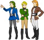  3girls bes_jordan blonde_hair boots densetsu_kyojin_ideon genderswap green_hair joliver_ira military military_uniform multiple_girls orange_hair sarmatamra tekuno_gyabari uniform 