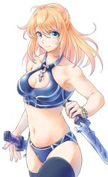  1girl 359_oekaki bikini blonde_hair blue_eyes bra breasts cute fiora_(xenoblade_chronicles) fiorun green_eyes long_hair monolith_soft navel nintendo short_hair simple_background smile solo swimsuit sword underwear weapon xenoblade_(series) xenoblade_1 xenoblade_chronicles 