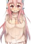 1girl absurdres blush breasts cleavage cleavage_cutout headphones highres large_breasts long_hair looking_at_viewer nitroplus open-chest_sweater pink_hair red_eyes ribbed_sweater smile solo super_sonico sweater turtleneck turtleneck_sweater 