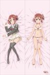  1girl absurdres bare_legs barefoot bed_sheet bikini black_legwear blush breasts cleavage comparison copyright_name dakimakura feet frilled_bikini frills front-tie_top full_body hair_ornament hair_ribbon hairclip highres leg_garter long_sleeves looking_at_viewer multiple_views navel no_shoes official_art pink_bikini pink_eyes pink_hair ribbon school_uniform scrunchie sheet_grab shiny shiny_skin side-tie_bikini side_ponytail smile strap_gap swimsuit thigh-highs toes yuuki_yuuna yuuki_yuuna_wa_yuusha_de_aru yuusha_de_aru 