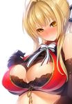  1girl ahoge amagi_brilliant_park antenna_hair black_bra black_gloves blonde_hair blush bra breasts brown_hair center_opening cleavage elbow_gloves gloves hair_ribbon hand_on_own_chest katourennyu lace-trimmed_bra large_breasts long_hair looking_at_viewer ponytail ribbon sento_isuzu simple_background solo underwear white_background yellow_eyes 