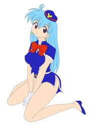  1girl 90s absurdres aqua_hair dress earrings gloves highres jewelry legs legs_crossed long_hair miniskirt no_panties photoshop short_dress skirt smile stewardess tenjouin_katsura thighs vector_trace violet_eyes yat_anshin_uchuu_ryokou 