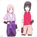  1boy 1girl blush haruno_sakura naruto nattouh simple_background uchiha_sasuke 