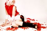  1girl bike_shorts cosplay hairband haruno_sakura naruto petals photo pink_hair red_shirt red_top shirt sleeveless 