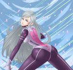  1girl artist_request ass blue_eyes bodysuit breasts cherry_blossoms from_behind gloves heart highres huge_ass liberation_maiden long_hair looking_at_viewer looking_back ozora_shoko sideboob silver_hair smile very_long_hair 