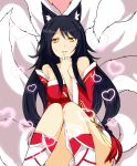  1girl ahri animal_ears bare_legs black_hair braid breasts cleavage desubunny detached_sleeves female flower fox_ears fox_tail highres league_of_legends long_hair long_sleeves looking_at_viewer multiple_tails single_braid sitting skirt smile solo tail white_skirt yellow_eyes 