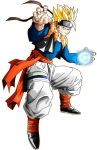  1boy baggy_pants bandage blonde_hair blue_eyes crossover dragon_ball dragon_ball_z dragonball_z fighting_stance forehead_protector fusion headband konohagakure_symbol looking_at_viewer male_focus naruto naruto_shippuuden pants rasengan smirk solo son_gokuu spiky_hair super_saiyan uzumaki_naruto whisker_markings 