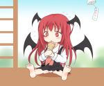  1girl bad_feet barefoot chibi deformed demon_wings eating flying_sweatdrops food head_wings heart heart-shaped_pupils ice_cream koakuma long_hair mickeysmith panties pantyshot pantyshot_(sitting) red_eyes redhead sitting solo symbol-shaped_pupils touhou underwear white_panties wings 