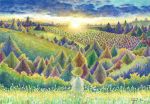  androgynous blonde_hair child clouds flower forest from_behind grass hill landscape nature original outdoors plant scenery short_hair sky solo takahagi_aya traditional_media tree twilight 