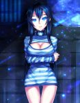  1girl bare_legs black_hair blue_eyes breasts cleavage cleavage_cutout collar covered_navel crossed_arms female large_breasts lock long_hair navel open-chest_sweater original samael_(5211) shirt solo standing striped striped_shirt sweater thigh_gap very_long_hair 