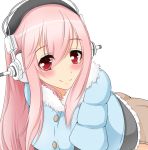  1girl blush breasts headphones large_breasts long_hair looking_at_viewer nitroplus pink_hair red_eyes smile solo super_sonico 