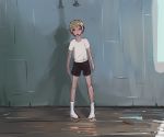  1boy blonde_hair blush child highres indoors male_focus original shirt shorts shower sinartick solo standing t-shirt 
