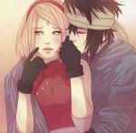 1boy 1girl black_hair blush couple dymx facial_mark forehead_mark gloves hairband haruno_sakura head_scarf kiss naruto pink_hair uchiha_sasuke 