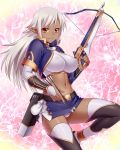  1girl albino artist_request bow_(weapon) character_request closed_mouth copyright_request crossbow dark_skin female long_hair looking_at_viewer midriff navel panties red_eyes skirt smile solo source_request straight_hair thigh-highs underwear weapon white_hair white_panties zettai_ryouiki 