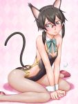  1girl ^jj^ animal_ears asada_shino black_eyes black_hair cat_ears cat_tail detached_collar embarrassed glasses short_hair solo sword_art_online tail wrist_cuffs 