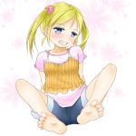  1girl barefoot blonde_hair blue_eyes blush child denim feet flat_chest kazuya_lolicon looking_at_viewer naughty_face sitting soles spread_legs toes twintails 