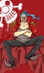  1boy blue_hair buggy_the_clown crossed_arms epaulettes jacket_on_shoulder jolly_roger long_hair male_focus one_piece pirate ponytail smile solo 