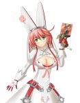  1girl ahoge arc_system_works belt breasts bridal_veil cleavage clover dress elphelt_valentine gloves green_eyes guilty_gear guilty_gear_xrd gun hat large_breasts light_smile looking_at_viewer pink_ribbon redhead ribbon short_hair simple_background smile solo spikes standing veil weapon wedding_dress wiz_(shadow) 