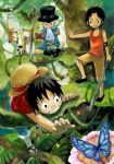  3boys black_hair blonde_hair book brothers butterfly east_blue freckles goggles hat in_tree jungle lemur monkey_d_luffy multiple_boys nature one_piece pole portgas_d_ace reading sabo_(one_piece) sandals scar shirt shorts siblings smile straw_hat t-shirt tank_top tetuankyo top_hat tree trio weapon younger 