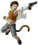  1boy blush character_request child gun handgun male_focus navel pistol pointy_ears shorts simple_background solo tail ursids weapon white_background 