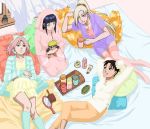  4girls bed blonde_hair bow brown_hair brush cup doll double_bun haruno_sakura hyuuga_hinata lying macaroon mirror mug multiple_girls naruto naruto_shippuuden official_art pajamas pillow pink_hair ponytail purple_hair tenten thigh-highs tray uzumaki_naruto yamanaka_ino 