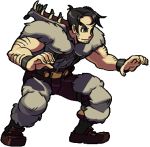  1boy ahoge animated animated_gif argyle belt beowulf_(skullgirls) black_hair eyebrows facial_hair fighting_stance fur grey_eyes hands loafers lowres male_focus muscle official_art pelt shoes short_hair skullgirls smirk solo stubble suspenders thick_eyebrows transparent_background wristband 