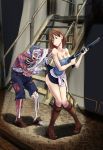  1boy 1girl ass bare_shoulders boots breasts brown_eyes brown_hair cleavage gun indoors jill_valentine knees_together_feet_apart looking_back miniskirt monster nisego resident_evil resident_evil_3 salt_shaker short_hair shotgun skirt skirt_lift stairs tongue tongue_out torn_clothes tubetop weapon zombie 