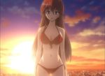  1girl asami_lilith bikini blue_eyes braid breasts cleavage clouds looking_at_viewer open_mouth redhead screencap sky solo standing sunset swimsuit trinity_seven 