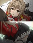  1boy 1girl amagi_brilliant_park animated animated_gif bed blush brown_hair kanie_seiya long_hair ponytail recording sento_isuzu skirt thigh-highs tiramii uniform white_legwear 