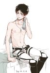  1boy abs belt boots breath brown_hair collarbone dated eren_yeager green_eyes jewelry key male_focus navel necklace pants shingeki_no_kyojin shirtless short_hair simple_background sitting solo sweat towel white_background 