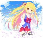  1girl black_legwear blonde_hair bow clouds flat_chest hair_intakes hair_ribbon irotoridori_no_sekai labcoat long_hair looking_at_viewer nikaidou_shinku off_shoulder open_mouth petals pleated_skirt red_eyes ribbon school_uniform shida_kazuhiro skirt sky smile solo thigh-highs two_side_up waving zettai_ryouiki 