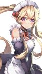  1girl [saw] blonde_hair blush closed_mouth female headdress long_hair looking_at_viewer maid maid_headdress myucel_foalan outbreak_company pointy_ears smile solo straight_hair twintails violet_eyes 
