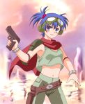  1girl armor blue_eyes blue_hair elbow_pads female goggles gun handgun holster midriff navel outdoors pistol rag_uralo sentou_mecha_xabungle short_hair shoulder_pads sky solo weapon 