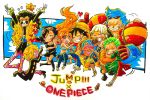  6+boys afro bikni_top blonde_hair blue_hair boots brook chibi crown cyborg denim dress formal franky goggles green_hair hair_over_one_eye hat headphones jeans long_hair monkey_d_luffy multiple_boys nami_(one_piece) nico_robin one-eyed one_piece onexone orange_hair pants robe roronoa_zoro sandals sanji sash skeleton slingshot smile straw_hat suit sunglasses sunglasses_on_head traditional_media usopp 