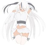  1girl absol bouncing_breasts breasts dark_skin hair_over_one_eye large_breasts midriff natsuki_straight navel personification pokemon ribbon-trimmed_legwear ribbon-trimmed_sleeves ribbon_trim solo thigh-highs white_hair 