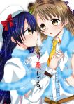  2girls blue_hair blush brown_eyes earrings female grey_hair hand_holding harisen_(kaika_sengen) jewelry long_hair looking_at_another love_live!_school_idol_project minami_kotori multiple_girls necktie open_mouth pixiv_manga_sample snow snow_halation sonoda_umi staring yuri 