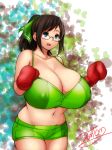  1girl bare_shoulders blue_eyes boxing breasts brown_hair cleavage dominic_tomatto female glasses highres huge_breasts long_hair navel open_mouth original plump ponytail shorts solo standing tank_top 