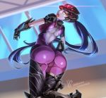  1girl ass back bodysuit breasts character_name head_mounted_display headgear kneeling long_hair looking_at_viewer looking_back open_mouth overwatch phandit_thirathon ponytail purple_hair solo thigh-highs tongue very_long_hair widowmaker_(overwatch) yellow_eyes 