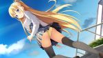  1girl alice_third_macy ass black_legwear blonde_hair blue_eyes blush breasts clouds dutch_angle female game_cg highres kantoku koi_suru_kanojo_no_bukiyou_na_butai legs long_hair looking_back panties school_uniform skirt sky small_breasts smile solo stairs standing thigh-highs thighs underwear yellow_panties 