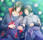  2boys brothers child flower male_focus multiple_boys mutsumix naruto siblings uchiha_itachi uchiha_sasuke water 