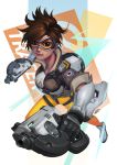  1girl black_gloves brown_eyes brown_hair closed_mouth earrings female gloves goggles gun holding holding_gun holding_weapon jewelry looking_at_viewer okita overwatch short_hair smile solo tracer_(overwatch) weapon 