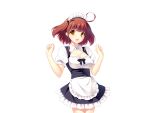  1girl antenna_hair ayase_hazuki braid breasts brown_hair character_request cleavage game_cg grand_cru_bourgeois happy large_breasts legs looking_at_viewer maid maid_headdress nukidoki! open_mouth short_hair simple_background smile solo standing thighs yellow_eyes 